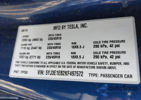 2019 Tesla Model 3 Long Range/Performance из США, поврежденный, VIN 5YJ3E1EB2KF497572